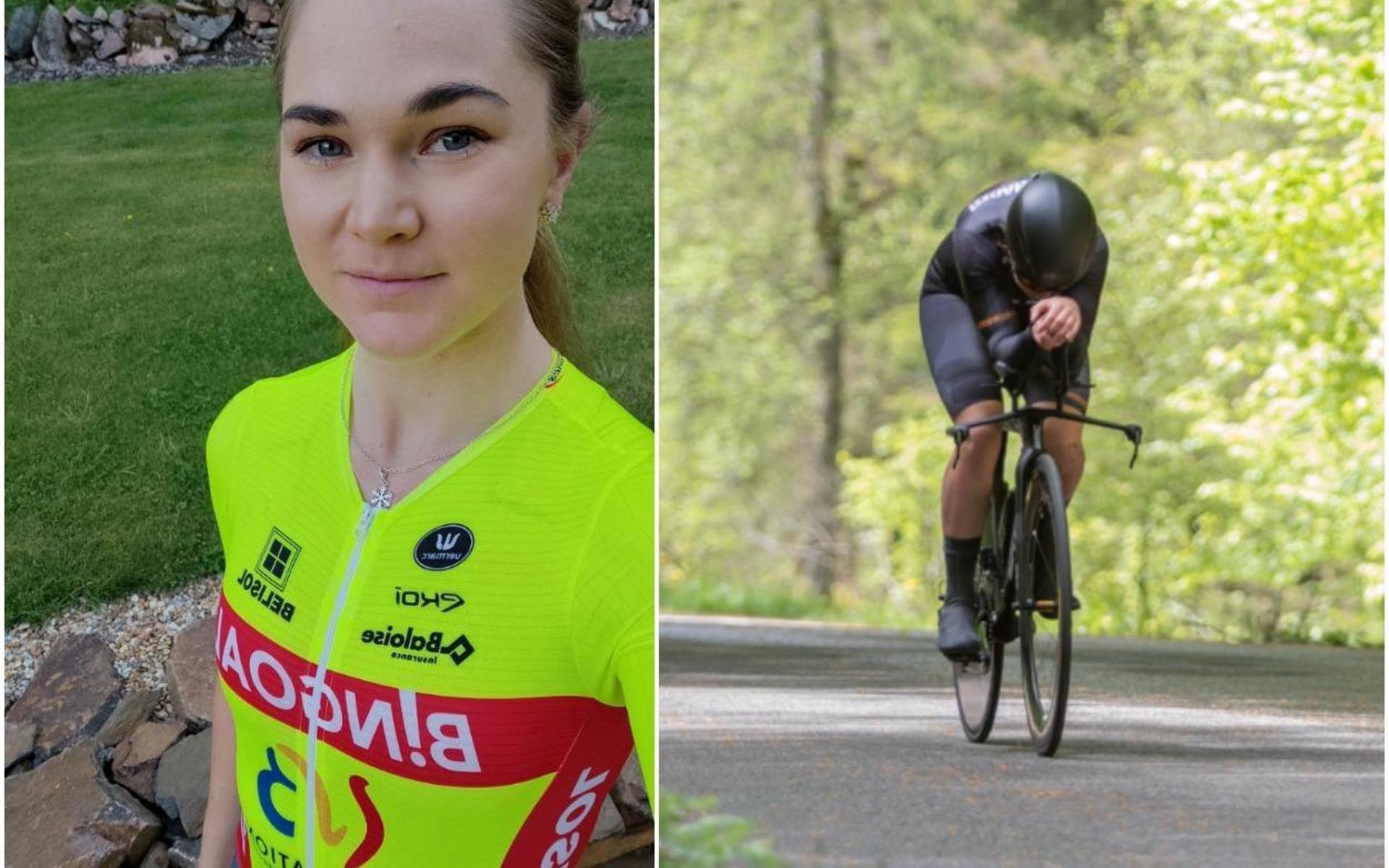 Nathalie Säfsten i belgiska klubben Bingoal WB ladies dress. Till höger när hon körde Giro Himledalen.