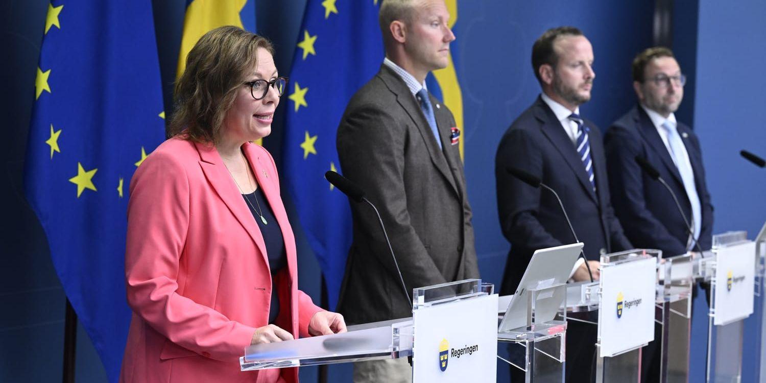 Pressträff med Tidöpartierna där migrationsminister Maria Malmer Stenergard (M) tillsammans med Ludvig Aspling (SD), Christian Carlsson (KD) och Fredrik Malm (L). Under pressträffen presenteras flera åtgärder för att stärka återvändandearbetet.
Foto: Jessica Gow / TT